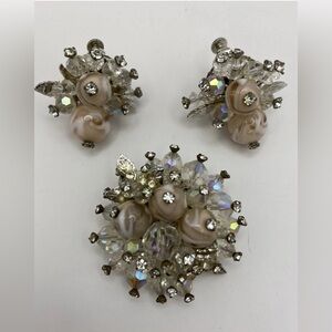 Vintage Vendome DESIGNER Brooch & Earrings Set Pink Swirl Art Glass & Crystal
